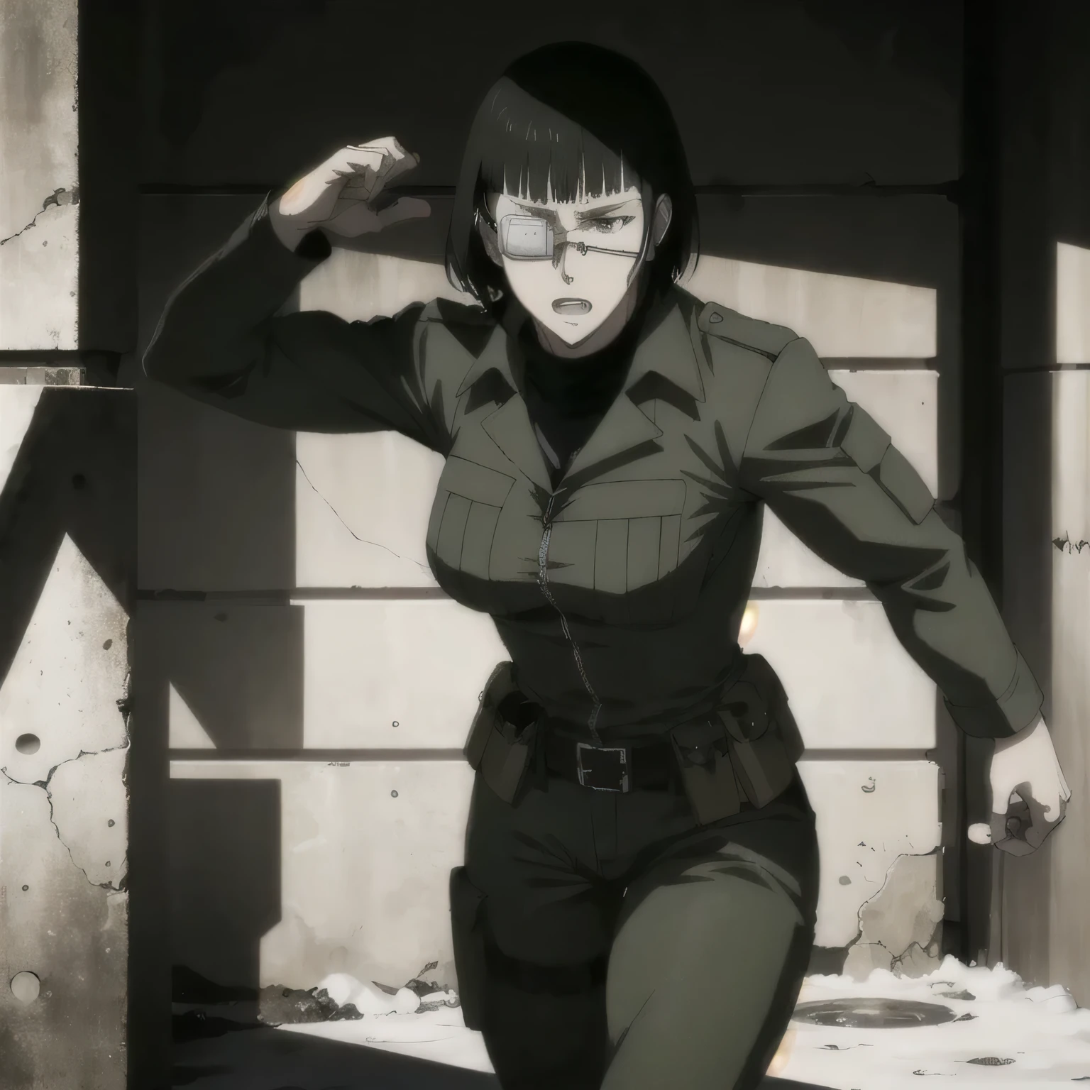 (best quality,ultra-detailed,realistic:1.37), military, muscular girl with sculpted body wearing a big black trench coat and black combat trousers, full review of the female character face and body, intense expression, strong and confident posture, studio lighting, vivid colors, physiologically-based rendering, grungy texture, rugged background, dust particles in the air, commanding presence, professional, powerful, gritty aesthetics,six-pack,Valmet with her muscles body,eye patch,short hair,Shining skin,