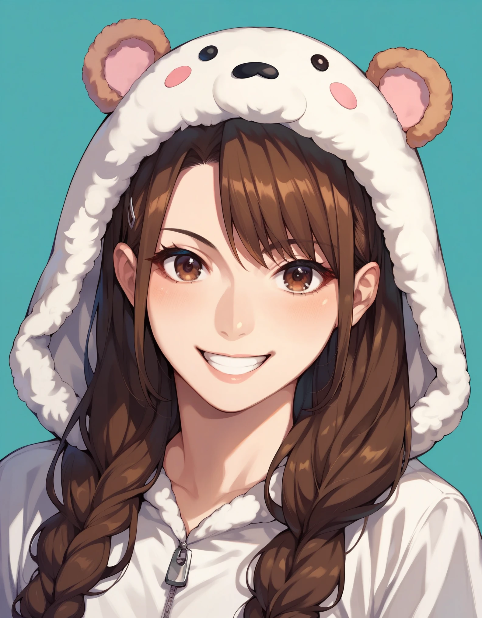 score_9, score_8_up, score_7_up, score_6_up, source_anime, ichihara nina, long hair, brown hair, brown eyes, cosplay, animal costume, smile