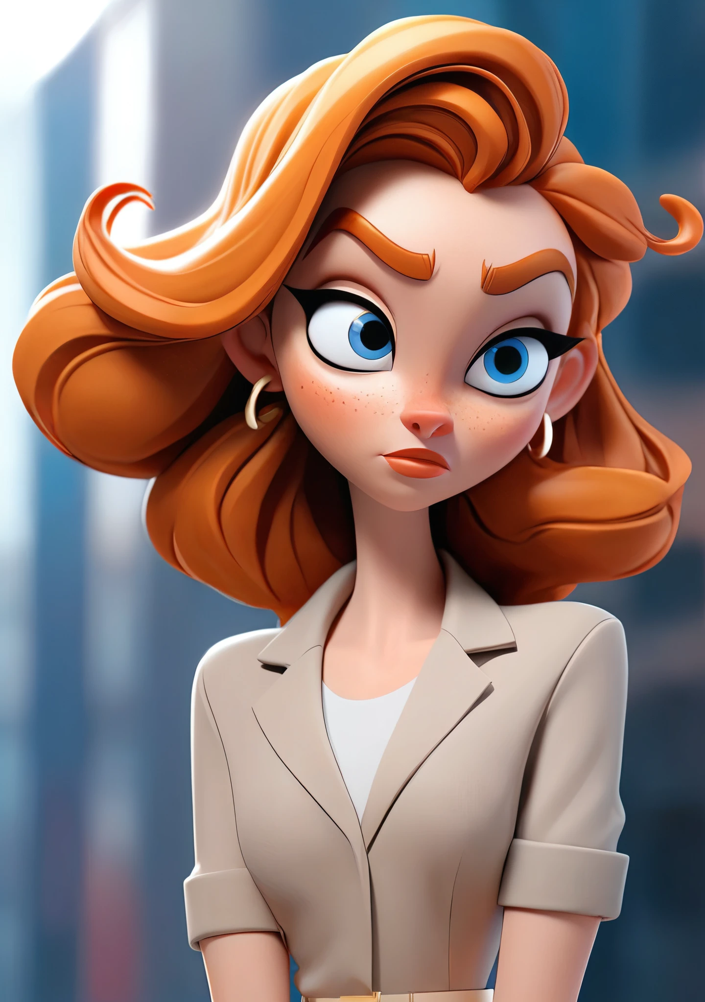 cartoon woman with blue eyes, medium lips animation character, girl with good style, Y2K style,in cartoon style, girl with money, cartoon character, female main character, high-quality character design, professional character design, to hire 3d artist, cartoon style illustration, cartoon art style, Y2k style , digital character illustration, GINGER, Orang hair, light eyebrows 