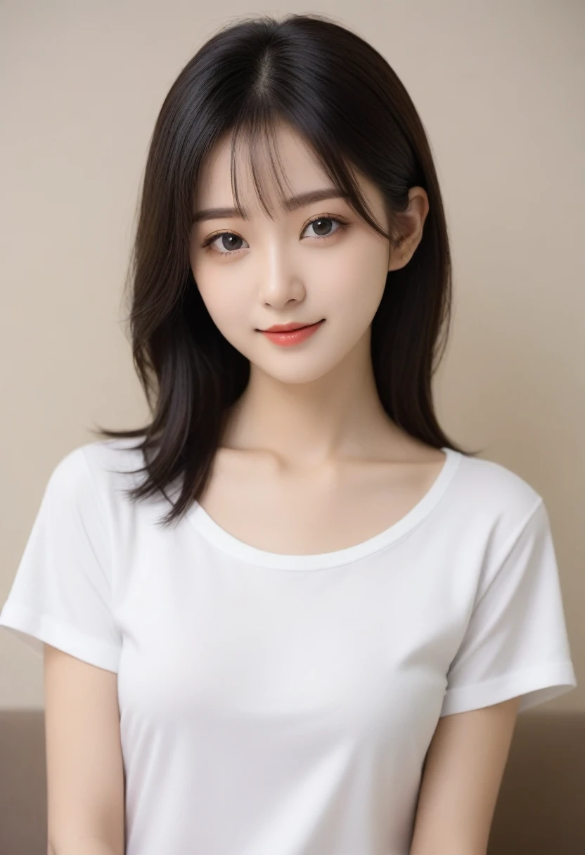 8K, Ultra-high resolution, Highest quality, masterpiece, 三分割法によるphotograph,Surreal, photograph, 1 Girl, (16 years old:1.3), pretty girl, Cute face, Beautiful eyes in every detail, 細かくdetailedに,masterpiece,, One Girl:1.2, Japan Female Announcer,whole body, Silky smooth black hair, Soft and cute face, Slender and graceful body, Slim waist, Small curve, small, taut buttocks,, Silky smooth legs, Petite figure,Plain T-shirt and shorts, simple european bedroom background, Attractive thighs, Sensual,A carefree smile,Heal the heart,Black Hair,Short Bob,Looking at the audience、beauty,Long neck、Laugh a little、Please close your mouth and laugh、(((Ideal body type))),A cup small breasts :2,、Portraiture:2、Perfect Anatomy、鮮明なdetailed、detailed、Surreal、Light and shadow,Strong light 