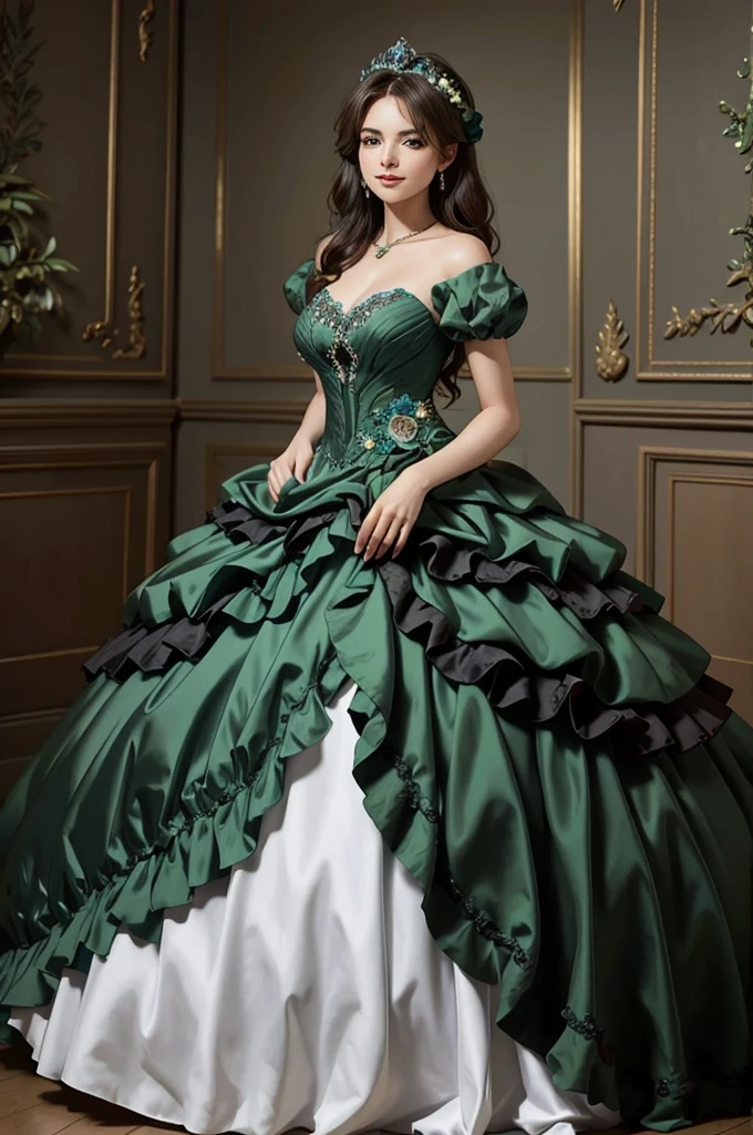 ((Masterpiece, best quality)), edgQuality,smug,smirk,
ballgown, a woman in a green  dress posing for a picture , wearing a ballgown,
 