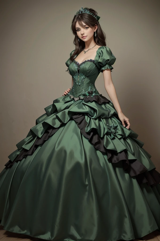 ((Masterpiece, best quality)), edgQuality,smug,smirk,
ballgown, a woman in a green  dress posing for a picture , wearing a ballgown,
 