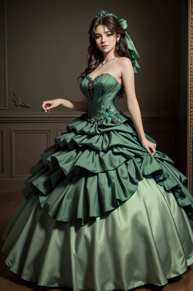 ((Masterpiece, best quality)), edgQuality,smug,smirk,
ballgown, a woman in a green  dress posing for a picture , wearing a ballgown,
 