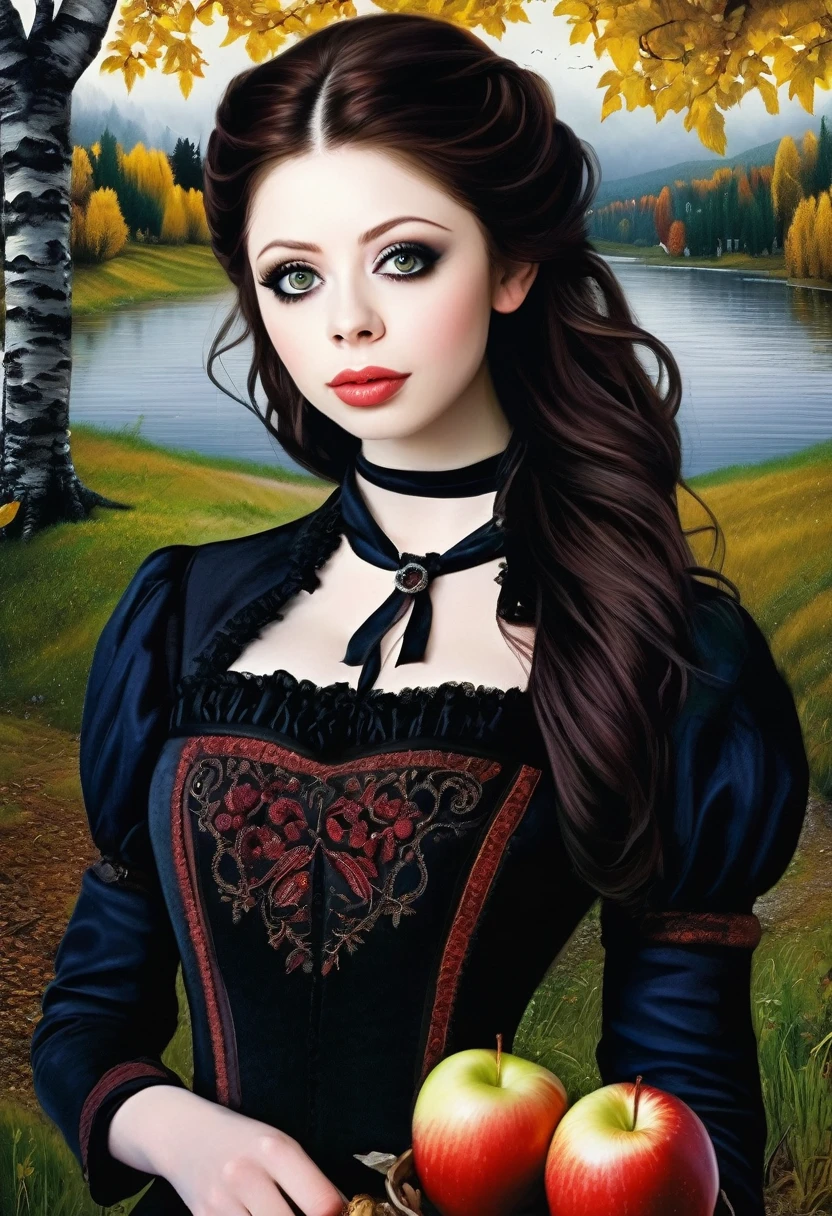 (Cute young attractive Michelle Trachtenberg, Strong Gothic Makeup) a village by the lake and a white birch forest and an apple orchard, a starry night, ((Peter_Gric style!!!)), Gloomy foggy atmosphere, surrealism, The absurdity of cuteness, attractiveness and rejection of extraordinary appearance, magic naive art, primitivism, protogen, , ((best quality, Masterpiece)), ((Highest detail)), RAW:1,1, 8k
