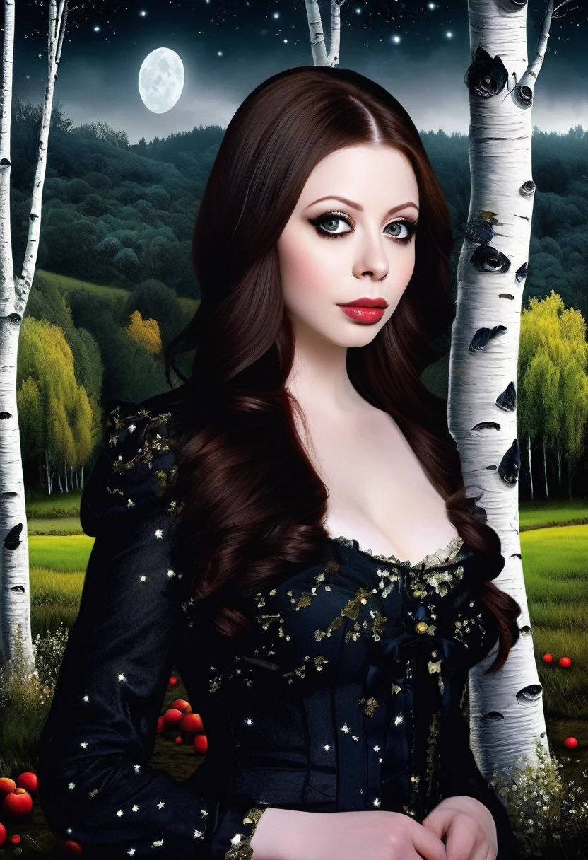 (Cute young attractive Michelle Trachtenberg, Strong Gothic Makeup) a village by the lake and a white birch forest and an apple orchard, a starry night, ((Peter_Gric style!!!)), Gloomy foggy atmosphere, surrealism, The absurdity of cuteness, attractiveness and rejection of extraordinary appearance, magic naive art, primitivism, protogen, , ((best quality, Masterpiece)), ((Highest detail)), RAW:1,1, 8k