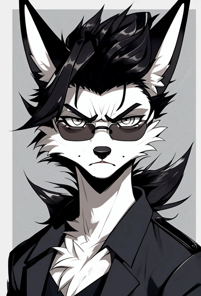 A fox with angry and tough faces, wearing dark glasses, with quiff, in face icon pose
