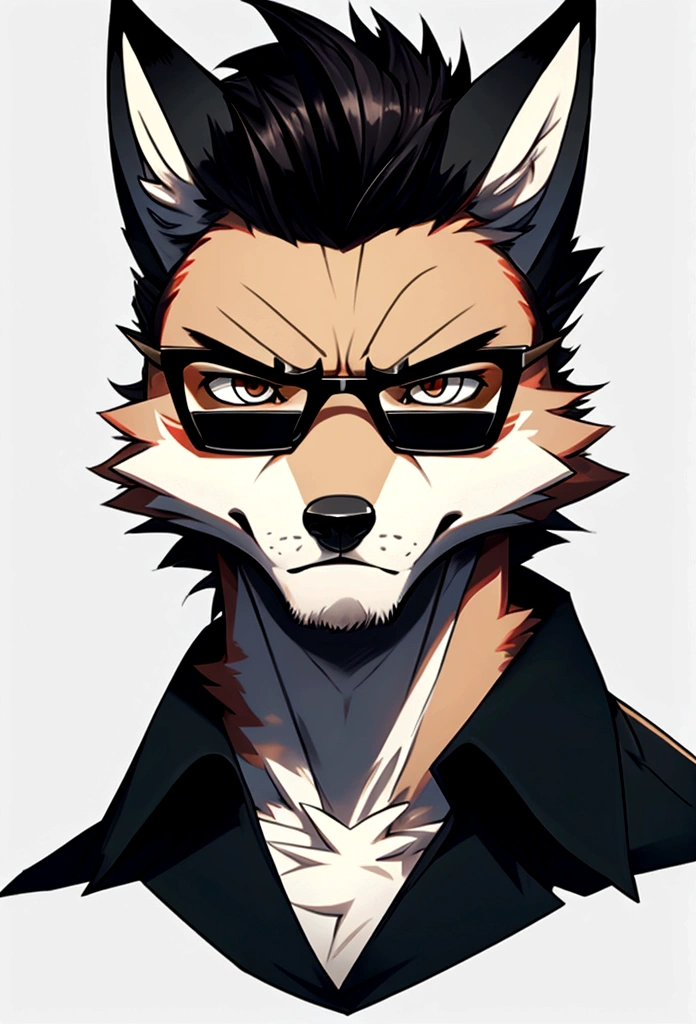 A fox with angry and tough faces, wearing dark glasses, with quiff, in face icon pose
