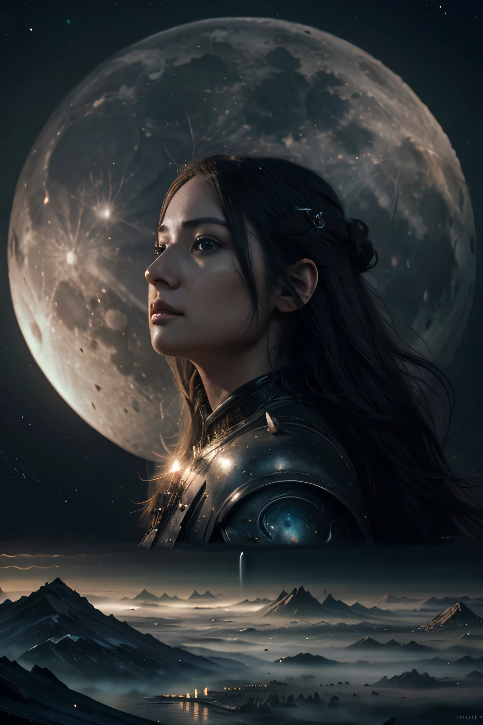 Woman with a moon in the sky, 4k highly detailed digital art, 4 k hd wallpaper very detailed, impressive fantasy landscape, sci-fi fantasy desktop wallpaper, unreal engine 4k wallpaper, 4k detailed digital art, sci-fi fantasy wallpaper, epic dreamlike fantasy landscape, 4k hd matte digital painting, 8k stunning artwork
