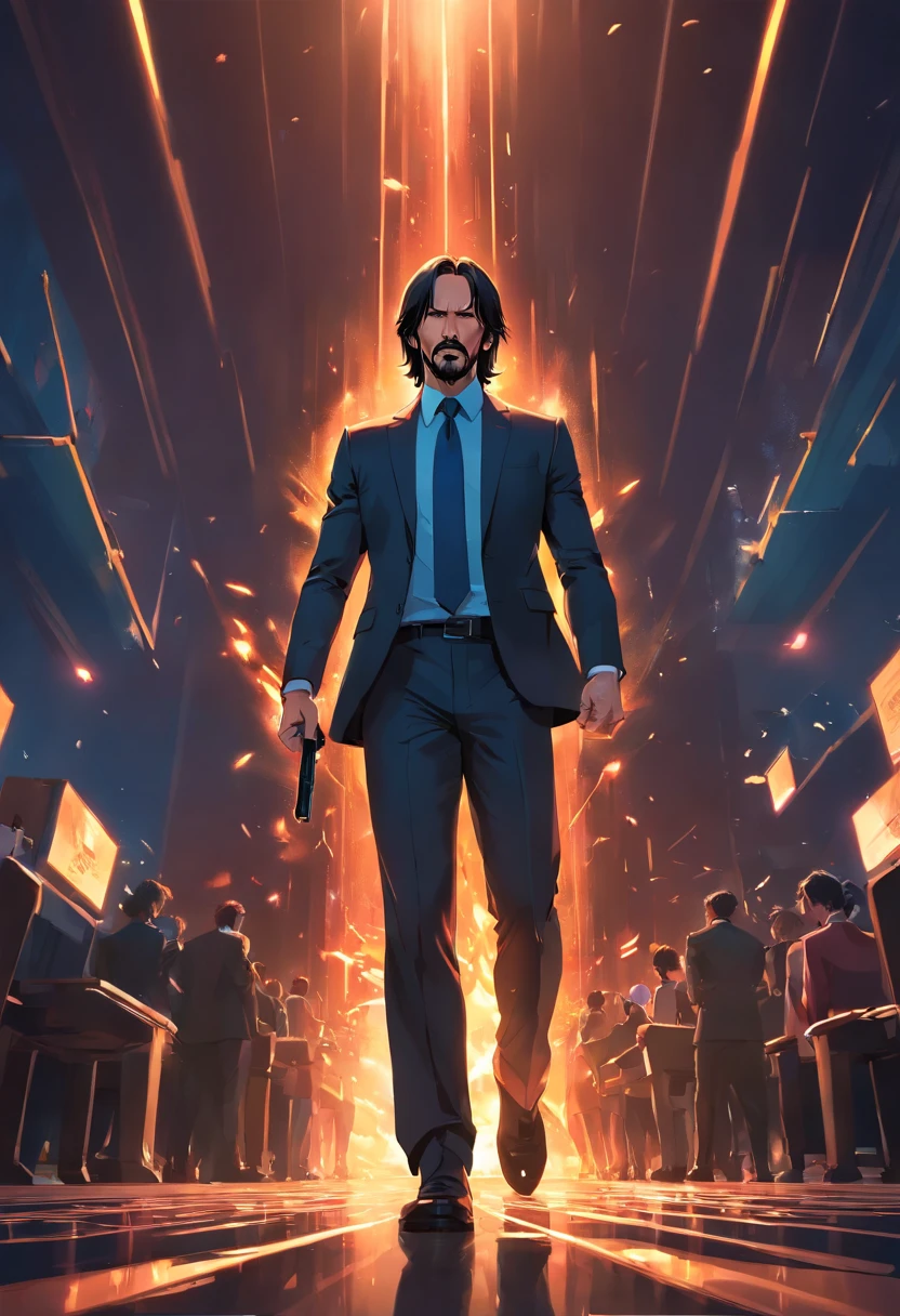 a furious John Wick, intense gaze, clenched fists, suit and tie, dark background, dramatic lighting, high contrast, chiaroscuro, cinematic composition, extreme detail, photorealistic, 8k, hyperrealistic, masterpiece