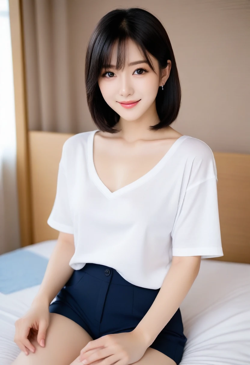 8K, Ultra-high resolution, Highest quality, masterpiece, 三分割法によるphotograph,Surreal, photograph, 1 Girl, (:1.3), pretty girl, Cute face, Beautiful eyes in every detail, 細かくdetailedに,masterpiece,, One Girl:1.2, Japan Female Announcer,whole body, Silky smooth black hair, Soft and cute face, Slender and graceful body, Slim waist, Small curve, small, taut buttocks,, Silky smooth legs, Petite figure,Plain T-shirt and shorts, simple european bedroom background, Attractive thighs, Sensual,A carefree smile,Heal the heart,Black Hair,Short Bob,Looking at the audience、beauty,Long neck、Laugh a little、Please close your mouth and laugh、(((Ideal body type))),A cup small breasts :2,、Portraiture:2、Perfect Anatomy、鮮明なdetailed、detailed、Surreal、Light and shadow,Strong light