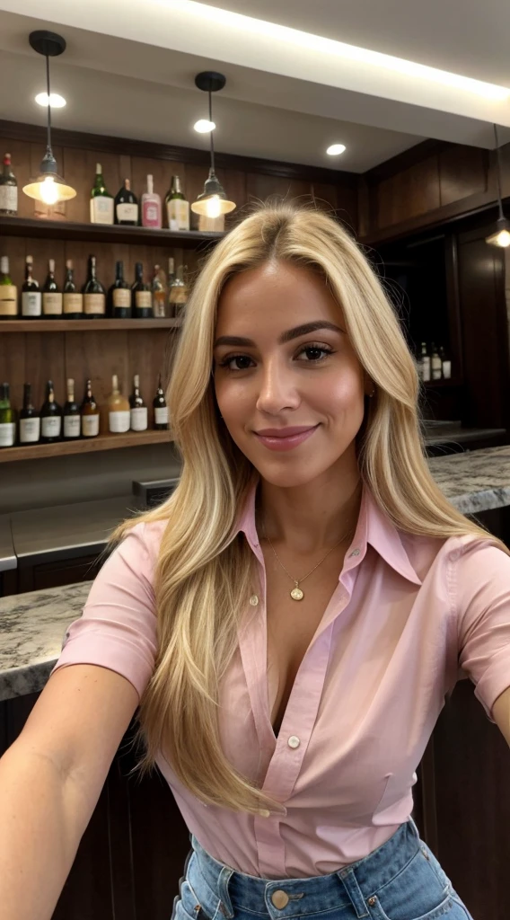 A 37-year-old blonde woman, ((pechos grandes)), ((hiperrealismo)) ,. blonde hair with light brown roots. cabello rubio, Hair with brown roots, cabello extra largo, cabello muy largo, really long hair, Beautiful, Front view, selfie, photo taken with iPhone, elegant pink shirt with escote, escotada, selfie in a bar, high quality, selfie iPhone, cleavage