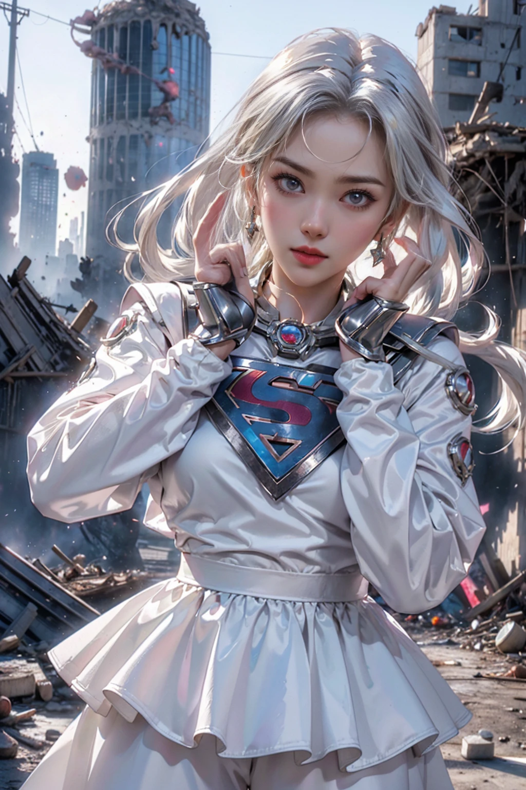 (White Superhero Theme Supergirl),( Apocalyptic city destroyed:1.4),(superchica:1.4), (gray white hair ),More detailed 8K.unreal engine:1.4,UHD,La Best Quality:1.4, photorealistic:1.4, skin texture:1.4, Masterpiece:1.8,first work, Best Quality,object object], (detailed face features:1.3), (Detailed hands:1.4),