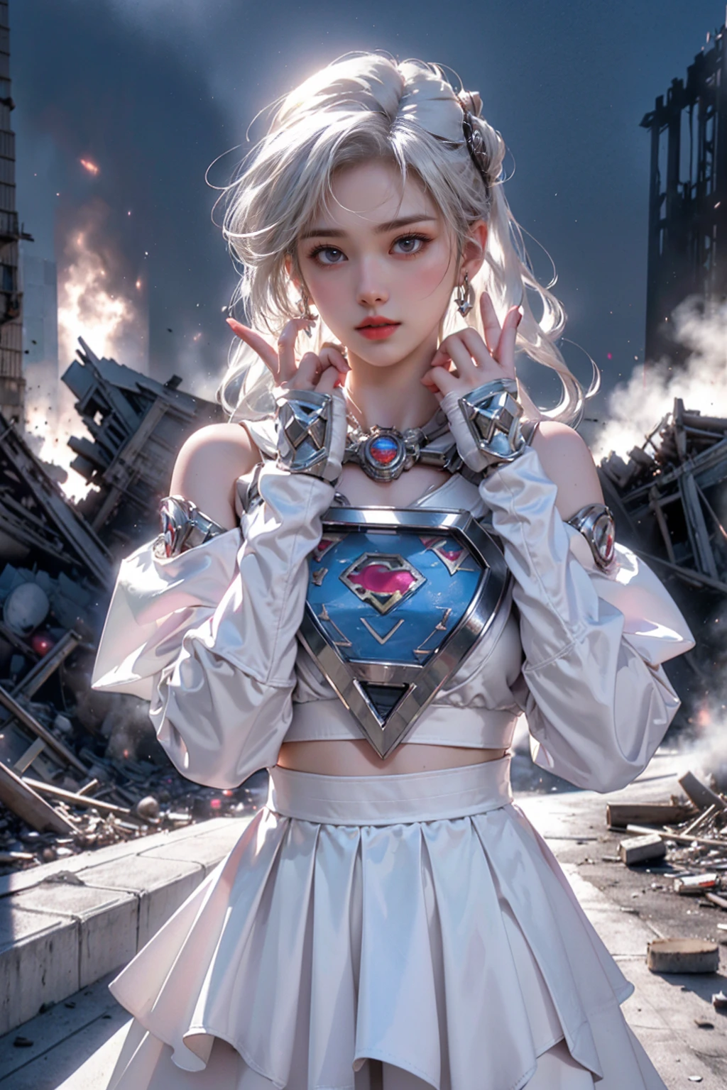 (White Superhero Theme Supergirl),( Apocalyptic city destroyed:1.4),(superchica:1.4), (gray white hair ),More detailed 8K.unreal engine:1.4,UHD,La Best Quality:1.4, photorealistic:1.4, skin texture:1.4, Masterpiece:1.8,first work, Best Quality,object object], (detailed face features:1.3), (Detailed hands:1.4),