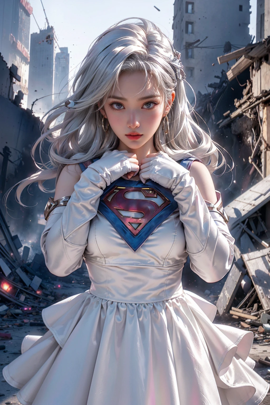 (White Superhero Theme Supergirl),( Apocalyptic city destroyed:1.4),(superchica:1.4), (gray white hair ),More detailed 8K.unreal engine:1.4,UHD,La Best Quality:1.4, photorealistic:1.4, skin texture:1.4, Masterpiece:1.8,first work, Best Quality,object object], (detailed face features:1.3), (Detailed hands:1.4),