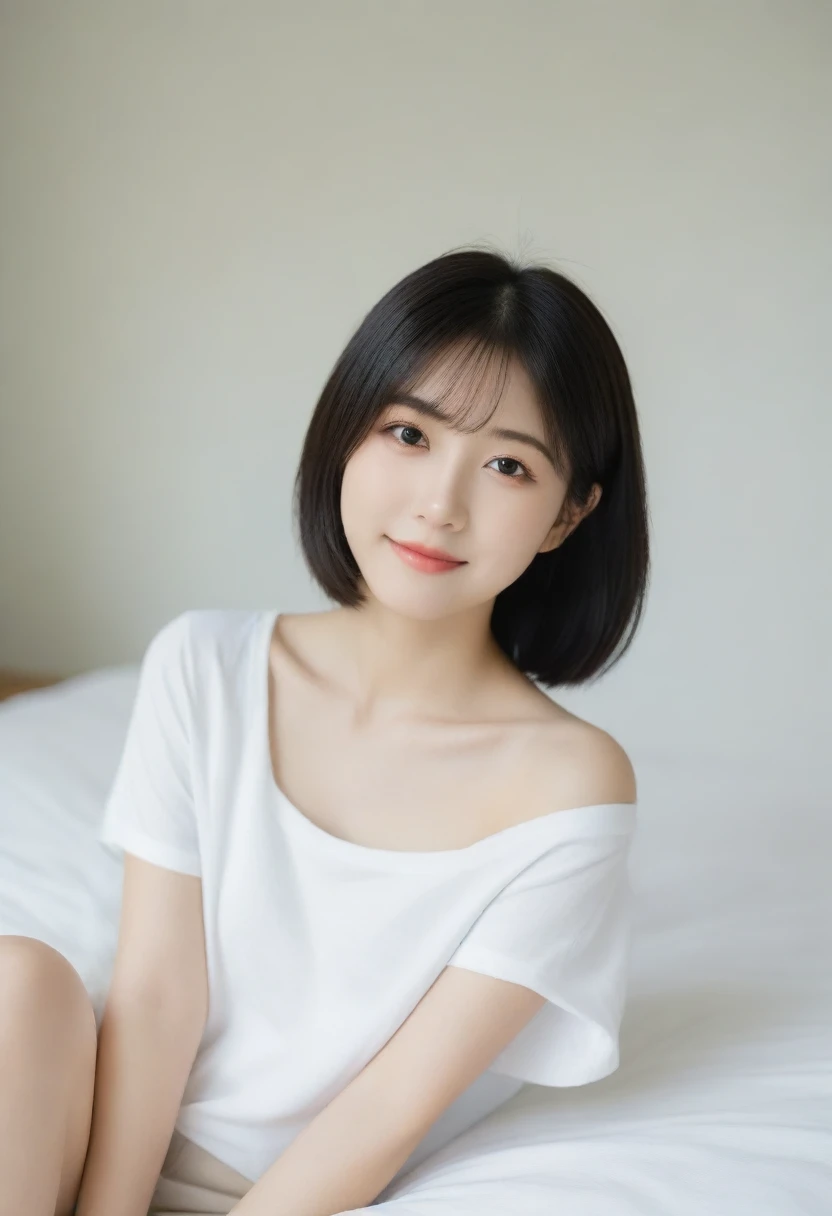 8K, Ultra-high resolution, Highest quality, masterpiece, 三分割法によるphotograph,Surreal, photograph, 1 Girl, (16 years old:1.3), pretty girl, Cute face, Beautiful eyes in every detail, 細かくdetailedに,masterpiece,, One Girl:1.2, Japan Female Announcer,whole body, Silky smooth black hair, Soft and cute face, Slender and graceful body, Slim waist, Small curve, small, taut buttocks,, Silky smooth legs, Petite figure,Plain T-shirt and shorts, simple european bedroom background, Attractive thighs, Sensual,A carefree smile,Heal the heart,Black Hair,Short Bob,Looking at the audience、beauty,Long neck、Laugh a little、Please close your mouth and laugh、(((Ideal body type))),A cup small breasts :2,、Portraiture:2、Perfect Anatomy、鮮明なdetailed、detailed、Surreal、Light and shadow,Strong light