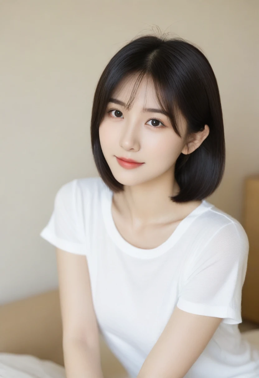 8K, Ultra-high resolution, Highest quality, masterpiece, 三分割法によるphotograph,Surreal, photograph, 1 Girl, (16 years old:1.3), pretty girl, Cute face, Beautiful eyes in every detail, 細かくdetailedに,masterpiece,, One Girl:1.2, Japan Female Announcer,whole body, Silky smooth black hair, Soft and cute face, Slender and graceful body, Slim waist, Small curve, small, taut buttocks,, Silky smooth legs, Petite figure,Plain T-shirt and shorts, simple european bedroom background, Attractive thighs, Sensual,A carefree smile,Heal the heart,Black Hair,Short Bob,Looking at the audience、beauty,Long neck、Laugh a little、Please close your mouth and laugh、(((Ideal body type))),A cup small breasts :2,、Portraiture:2、Perfect Anatomy、鮮明なdetailed、detailed、Surreal、Light and shadow,Strong light 