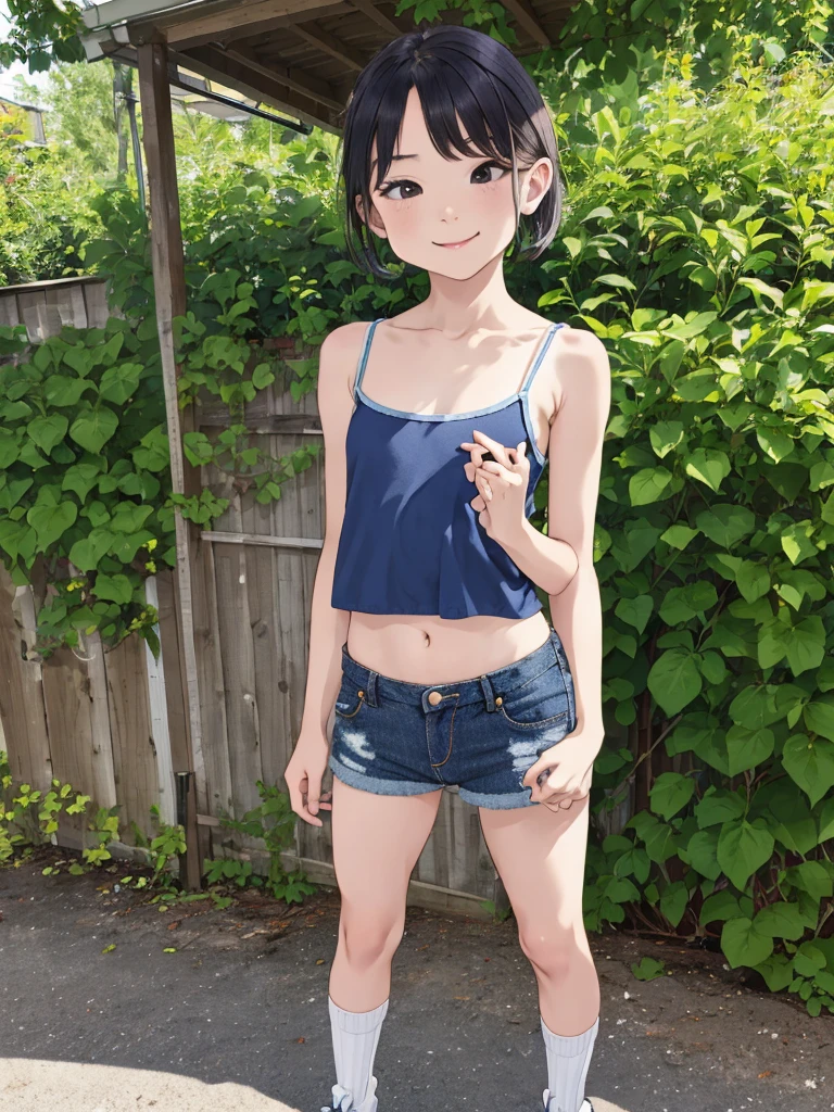 1girl,,,outdoor,grin,camisole,navel,denim shorts,socks,small breasts,,standing