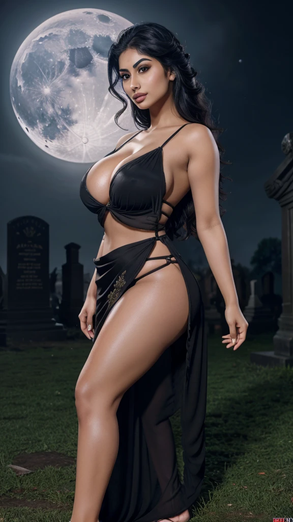 Woman named Mouni Roy, Bengali, black saree, graveyard, fire, night, moonlight, evil face, facing camera, looking at viewer's eye, ((full body, head to toe)), big breasts and big cleavage, clear curvy details, beautiful curves, Detailed eyes, Detailed pupil, Volumetric lighting, Ultra-detail, Unity 8k Wallpaper, Ultra-detail, Aesthetic, masutepiece, Best Quality, Photorealistic, perfect nose and eyebrows 