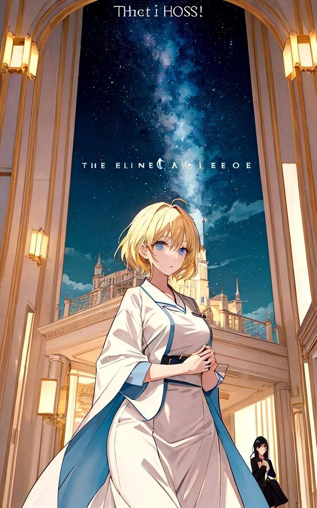 Novel cover design with the title LOSE. The novel is drawn in the style of anime or mostly novel illustrations. There is an image of a magnificent hotel floating on a sea full of stars. Between the hotel and above the ocean there are stars. And there were 3 women, one of them had short blonde hair and The rest have black hair. One of the girls was wearing a hospital gown.  The title "LOSE" is below and the author's name "Fear" is below the title. The picture of the 3 women is in front of a picture of a hotel which looks majestic and big. The hotel looks clear, majestic and big