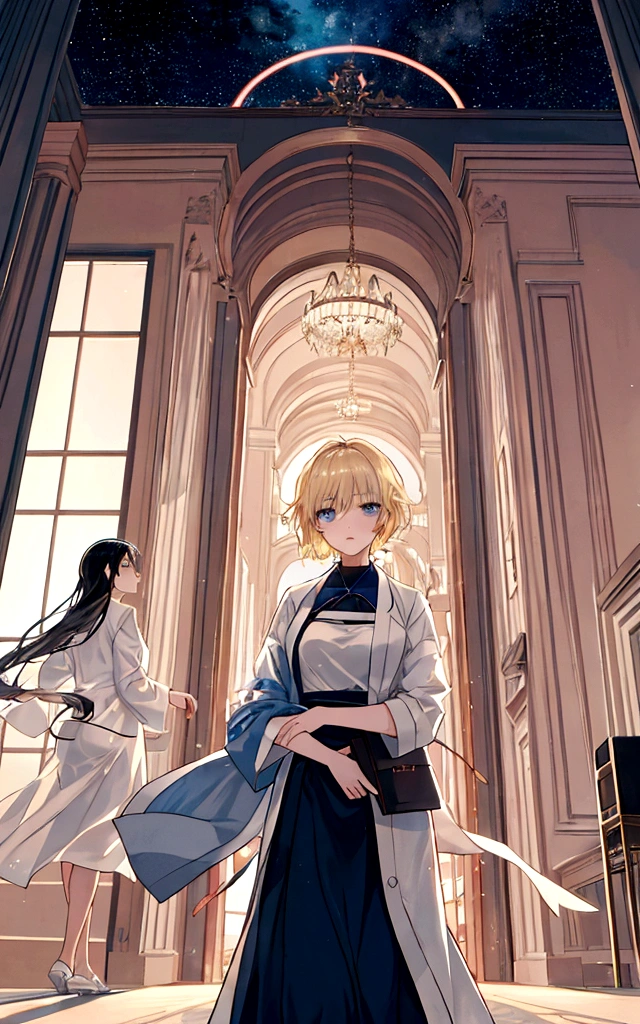 Novel cover design with the title LOSE. The novel is drawn in the style of anime or mostly novel illustrations. There is an image of a magnificent hotel floating on a sea full of stars. Between the hotel and above the ocean there are stars. And there were 3 women, one of them had short blonde hair and The rest have black hair. One of the girls was wearing a hospital gown. The title "LOSE" is below and the author's name "Fear" is below the title. The picture of the 3 women is in front of a picture of a hotel which looks majestic and big. The hotel looks clear, majestic and big