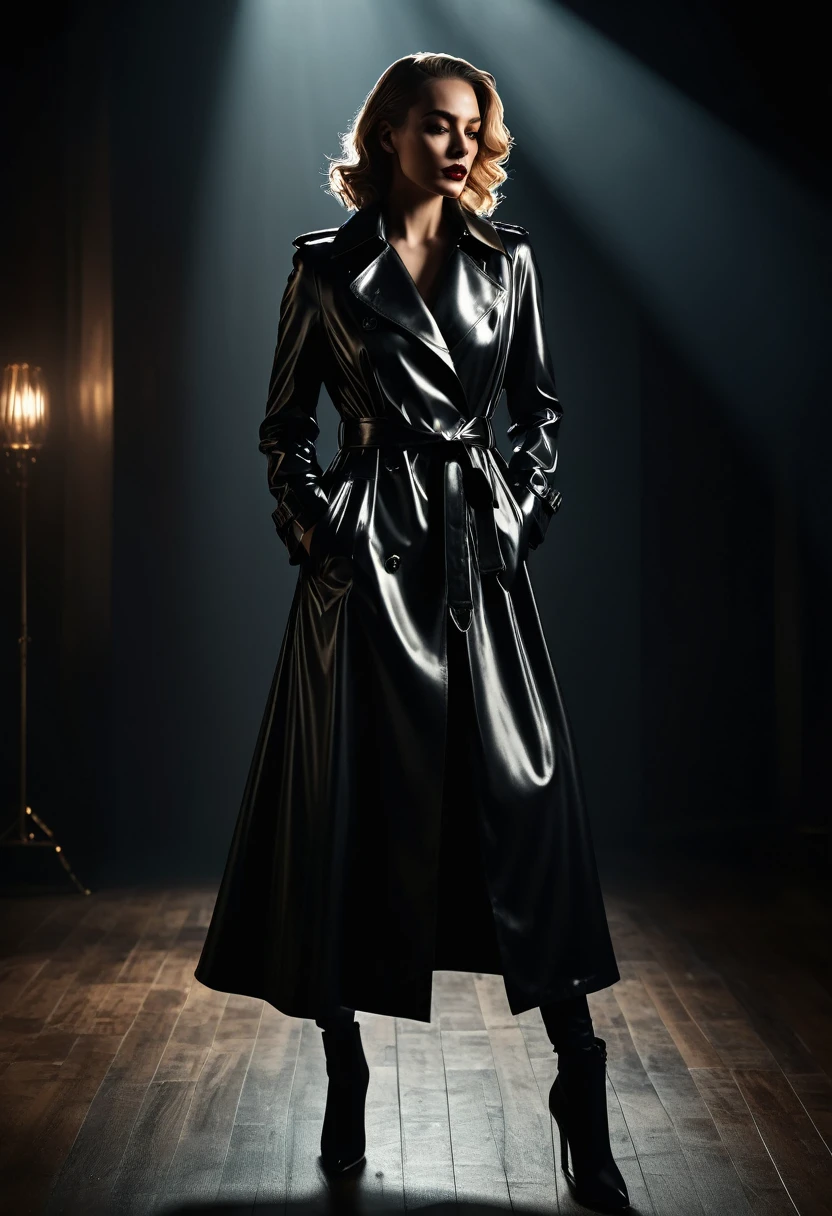 a black trench coat, detailed high fashion coat, leather texture, glossy shine, flowing fabric, cinched waist, elegant silhouette, dynamic pose, moody lighting, dramatic shadows, cinematic atmosphere, (best quality,4k,8k,highres,masterpiece:1.2),ultra-detailed,(realistic,photorealistic,photo-realistic:1.37),chiaroscuro lighting,dramatic lighting,cinematic lighting,dark and moody,film noir inspired