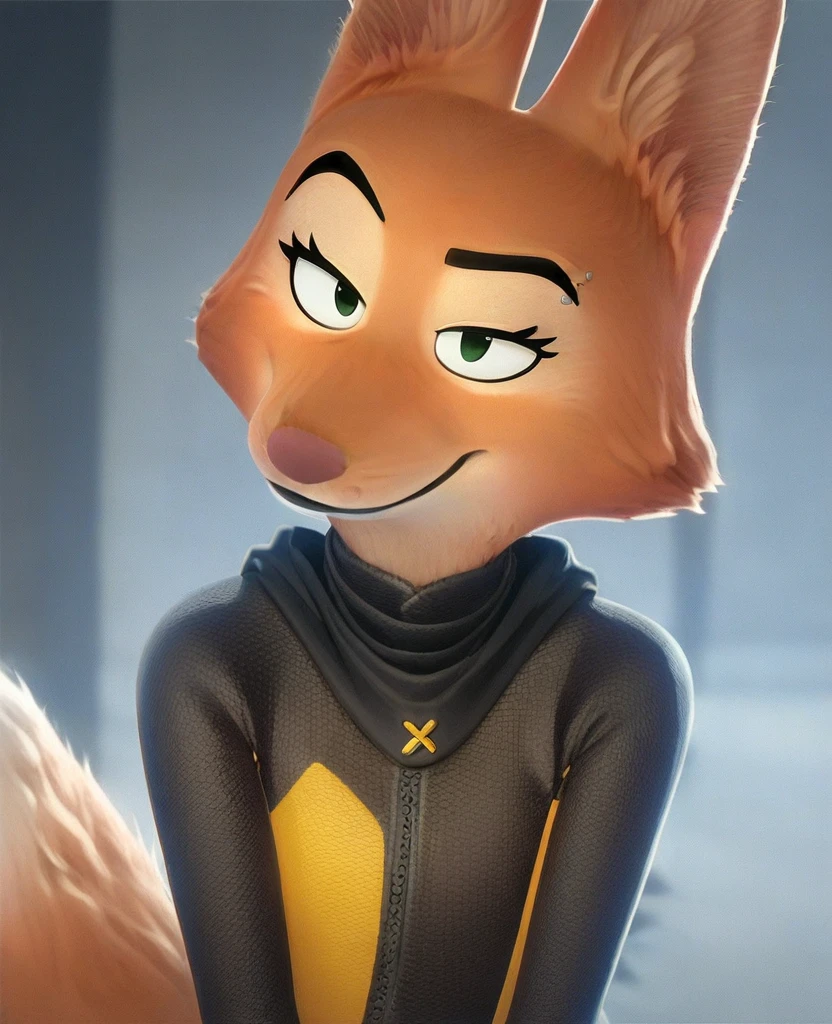 score_9, score_8_up, score_7_up, score_6_up, score_5_up, score_4_up, Diane_Foxington, ginger fur, emerald eyes, black lipstick, black eyebrows, silver piercings on eyebrow, fox tail, bodysuit with yellow trim and black wraps, warmly look, discreet smile