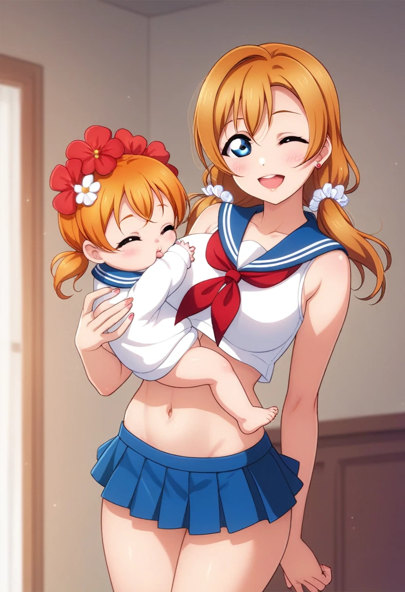 Honoka kousaka love live, cowboy shot, blue eyes, orange hair,hair flower, sailor top, sleeveless, breasts, micro skirt, perfect eyes, Perfect iris,Perfect skin,Soft front light,indoors;(pastel colour:1.2),(lipstick:0.8) ,sexy pose,wink, standing, mommy,low twintails, curvy thicc body , Long hair , carrying a baby girl, breast feeding