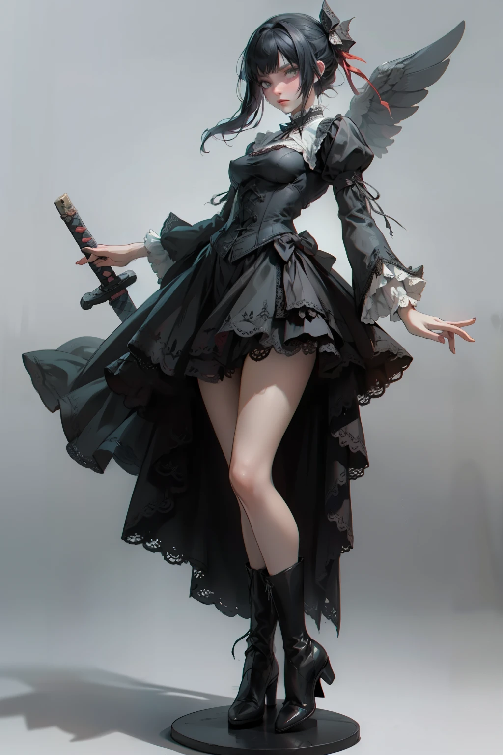 ((best quality)), ((masterpiece)), (detailed), blank white background, plain background, white background, red and white clothing, Bloodborne inspired, occult aesthetic, occult, detailed and intricate steampunk and detailed gothic, NSFW, Very dramatic and cinematic lighting, cosmic horror, grim-dark, side-lighting, perfect face, NSFW, Fluttering lace flared long knee length dress with frilly petticoats, knee length dress, pleated petticoats, ta dress, petticoats gothic lolicomplex lace boots, side-lighting, gothic lolita aetic, wielding a mighty sword with mechanical components, carbine, NSFW, beautiful small breasts, small breasts, full body, whole body, body, plain background, white background, blank background, no background, white background NSFW, full body, whole body, head-to-toe NSFW