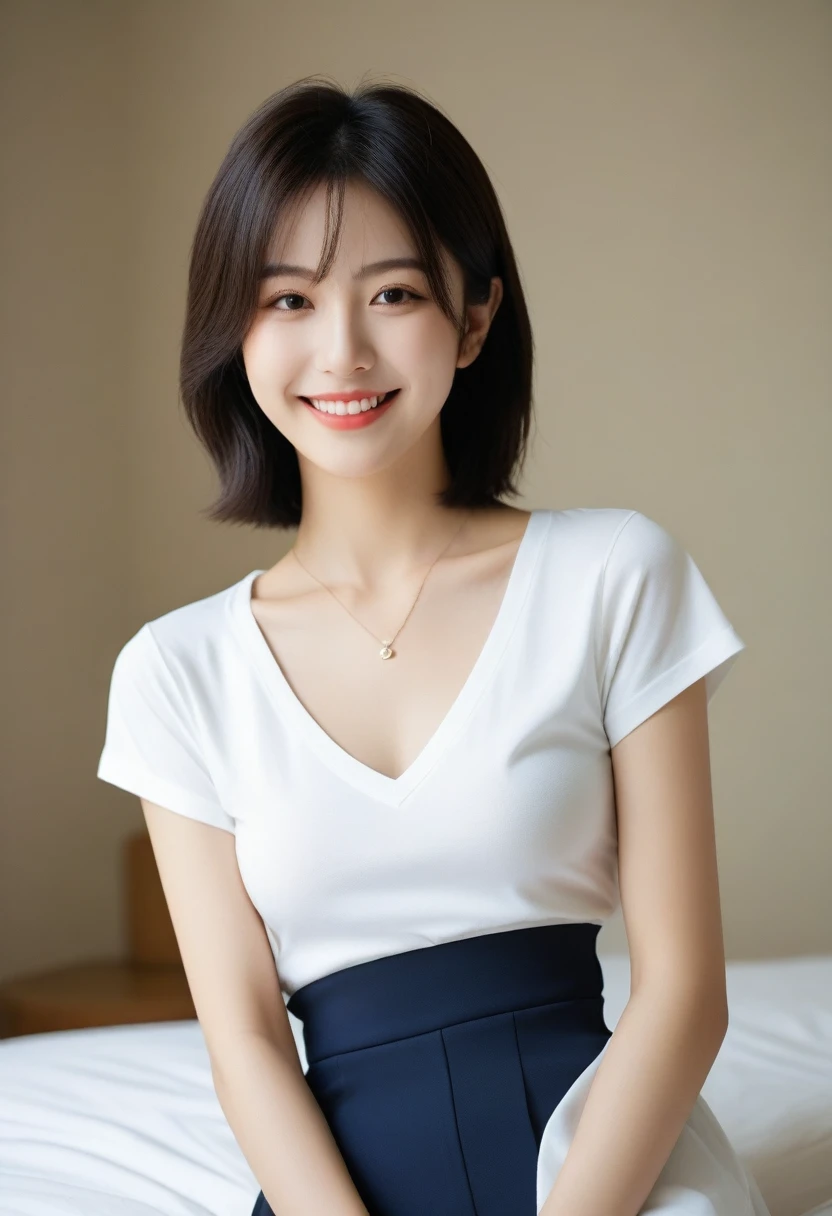 8K, Ultra-high resolution, Highest quality, masterpiece, 三分割法によるphotograph,Surreal, photograph, 1 Girl, (16 years old:1.3), pretty girl, Cute face, Beautiful eyes in every detail, 細かくdetailedに,masterpiece,, One Girl:1.2, Japan Female Announcer,whole body, Silky smooth black hair, Soft and cute face, Slender and graceful body, Slim waist, Small curve, small, taut buttocks,, Silky smooth legs, Petite figure,Plain T-shirt and shorts, simple european bedroom background, Attractive thighs, Sensual,A carefree smile,Heal the heart,Black Hair,Short Bob,Looking at the audience、beauty,Long neck、Laugh a little、Please close your mouth and laugh、(((Ideal body type))),A cup small breasts :2,、Portraiture:2、Perfect Anatomy、鮮明なdetailed、detailed、Surreal、Light and shadow,Strong light 