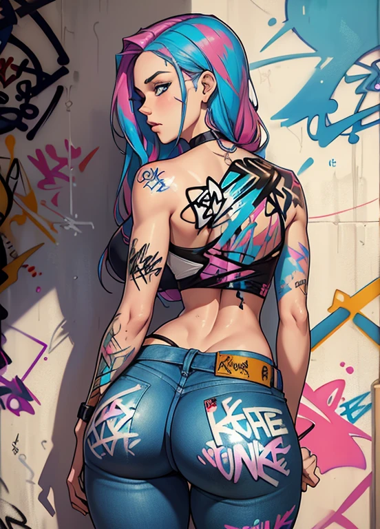 work of art, best qualityer, Beautiful 25 year old woman, long hair, (mature face:1.4), 1womanl, standing alone, top cut, Shorts jeans, choker, (from behind:1.4), fat ass, thick-thighs, Waist slender, (graffit:1.5), ink spatter, arms behind the back, against the wall, gazing at viewer, clamp, thigh strap, paint on the body, tilt your head, bored, multicolored hair (Pink, cerulean), water eyes, earphone