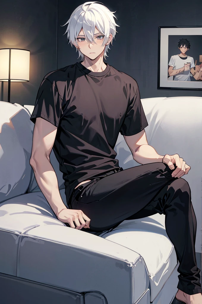 A 25 years old anime man with white hair, sitting  on the couch, Wearing a Black t-shirt, blushing 