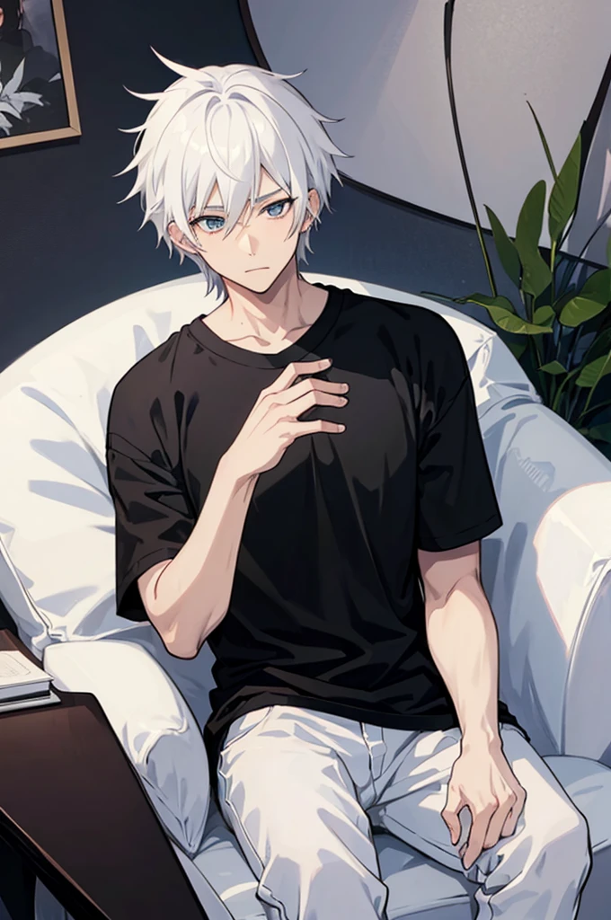 A 25 years old anime man with white hair, sitting  on the couch, Wearing a Black t-shirt, blushing 