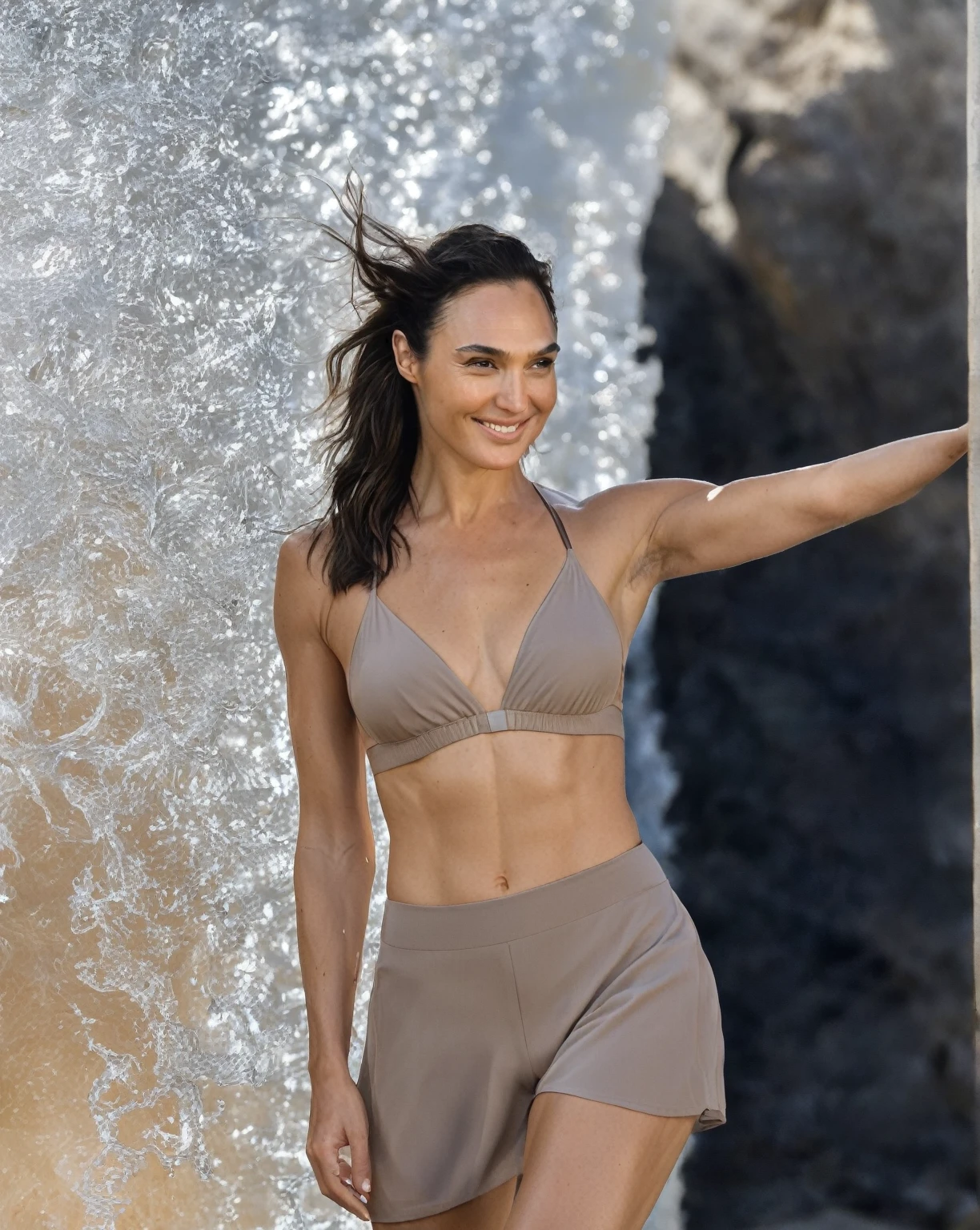 (high quality bikini model    shot )  (GalGadot , tired look, exhausted , 40yo woman,  on a beach , pale  skin tone ,( she is  nude on beach ocean , smiling , making her hair, galxgadt, pony ,shiny breast , topless, show her detailed shiny breast , fkeshy arms, ) photorealistic, oily skin texture , buttery brown skin ) ,celebrity erotic photograph , oily skin , shiny sweaty skin , celebrity, female, woman, hollywood actress, fleshy muscular woman , ( perfect anatomy ,natural lights, correct hands ,depth of field, insanely detailed skin texture, hyper detailed features, hyper photorealistic texture )