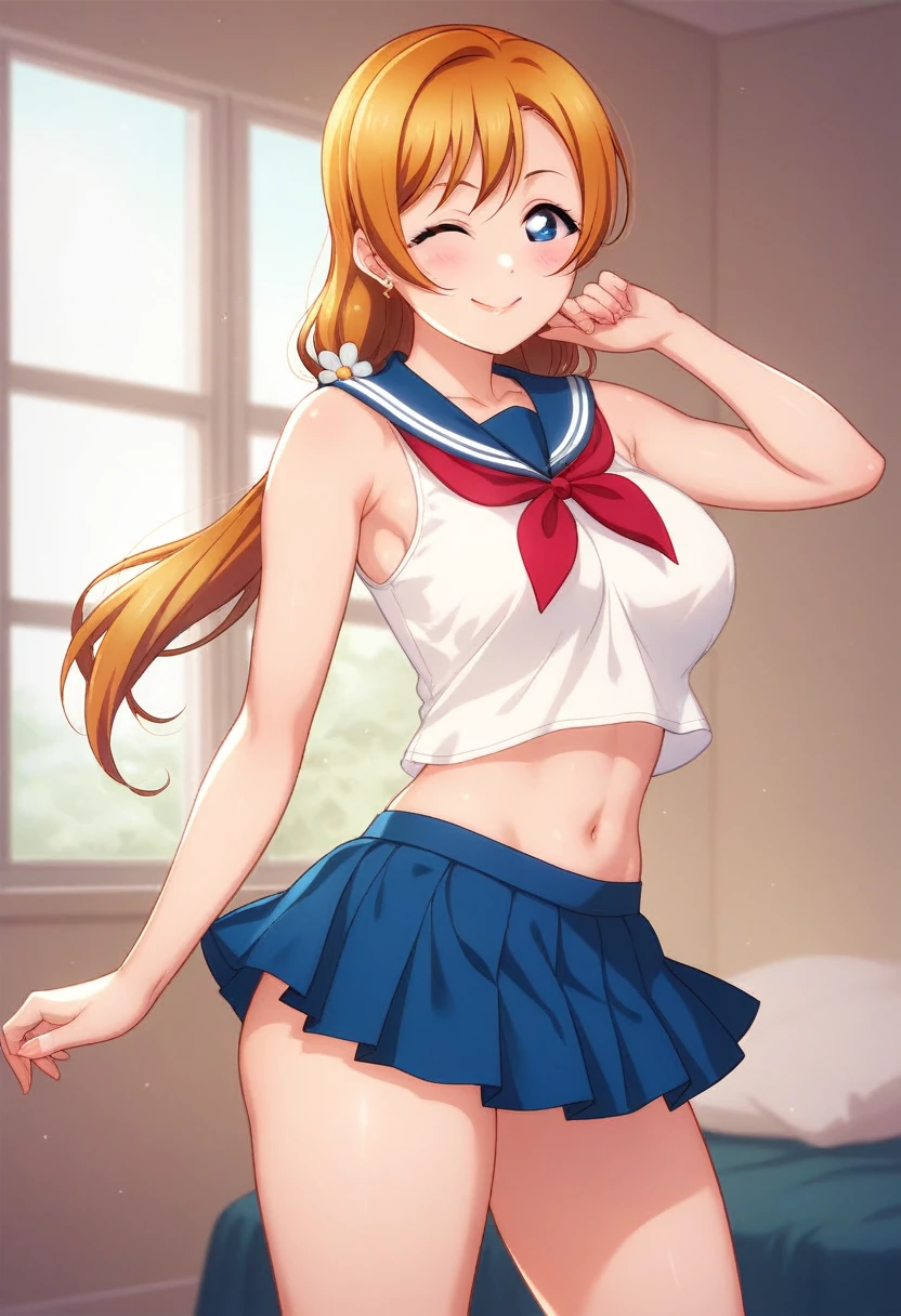 Honoka kousaka love live, cowboy shot, blue eyes, orange hair,hair flower, solo, sailor top, sleeveless, breasts, micro skirt, perfect eyes, Perfect iris,Perfect skin,Soft front light,indoors;(pastel colour:1.2),(lipstick:0.8) ,sexy pose,wink, standing, mommy,low twintails, curvy thicc body , Long hair , blushing