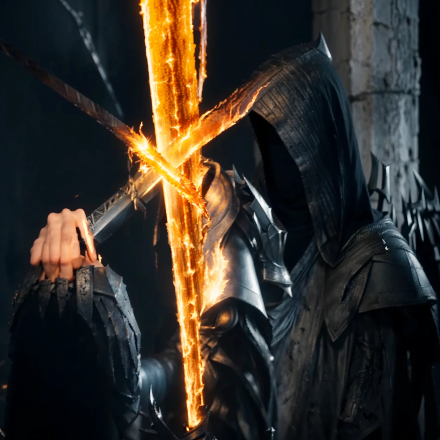 a close-up of a person holding a sword in a dark room, Sauron fighting Saruman, the knight of black souls, knight of black souls, gandalf casts a lightningbolt, Dark Souls Captura de tela, holding a flaming sword, black sword in the hand of ares, wielding a flaming sword, darksouls, dark souls style, in style of dark souls 3