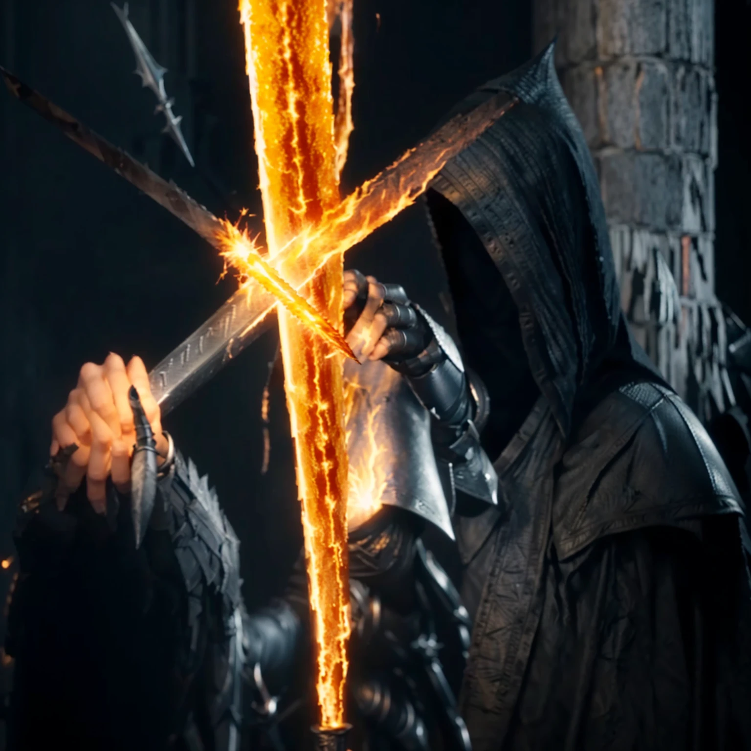 a close-up of a person holding a sword in a dark room, Sauron fighting Saruman, the knight of black souls, knight of black souls, gandalf casts a lightningbolt, Dark Souls Captura de tela, holding a flaming sword, black sword in the hand of ares, wielding a flaming sword, darksouls, dark souls style, in style of dark souls 3