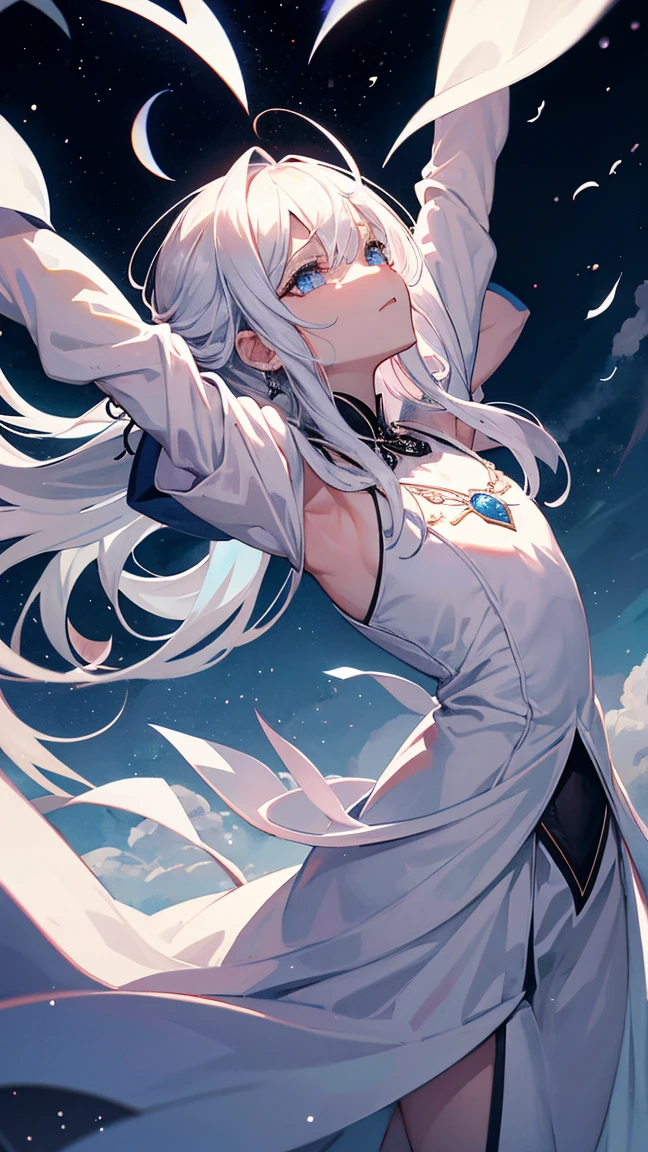 1The White Magician,Look up to the sky,Laugh wickedly,Pleasure,lament,Elevation,In the dark storm,Bad face,Low - Angle,Disaster at your fingertips々A dark sphere,The front of your body faces the viewer,Stretch your arms out to the sky