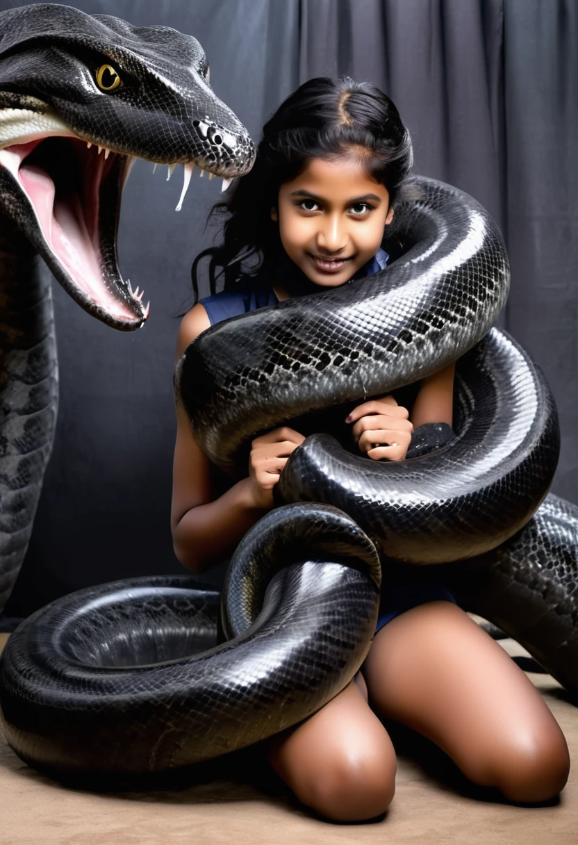 Happy Horny, aroused 1girl), beautiful kneeling Indian young teen girl  with  giant colossal black anaconda monster  squeezing her hard, wrapped in thick spiraling coils, constricted, struggle, gasping for air, snake attack, snake peril, moonless night, dim light