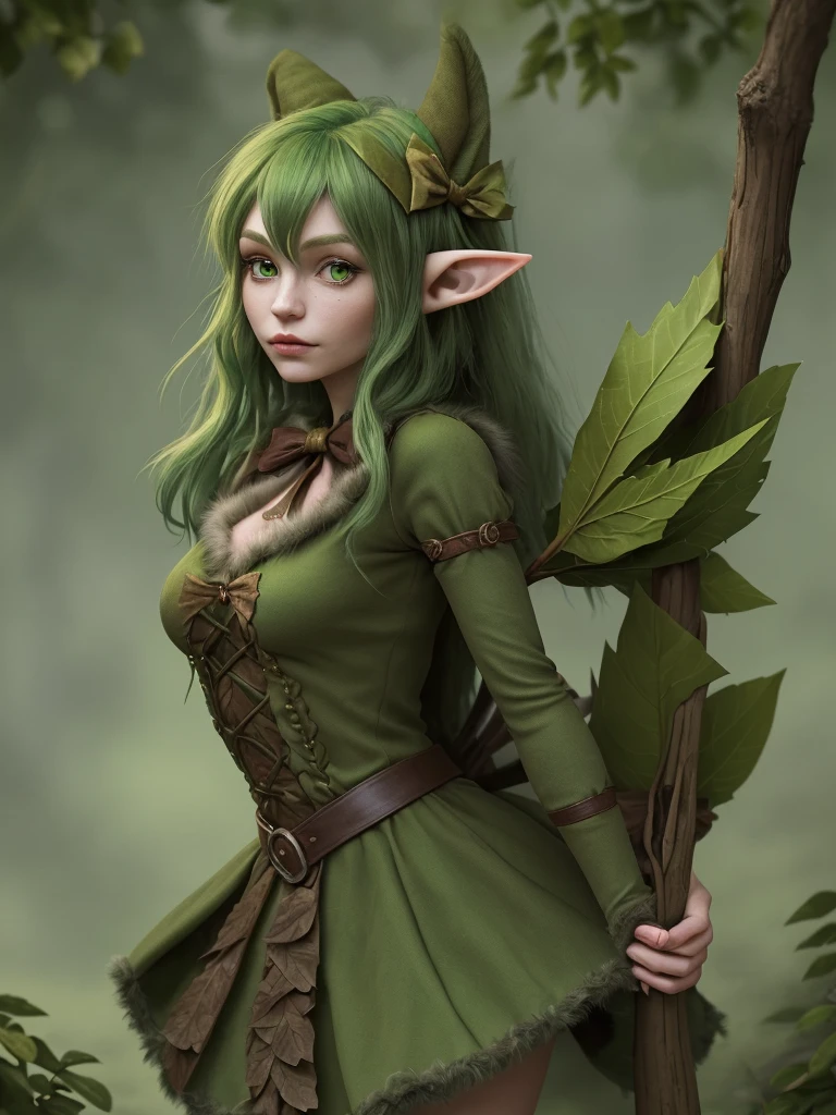 Green fur elf.
She is dressed in clothes made of leaves..
She is armed with a bow.
