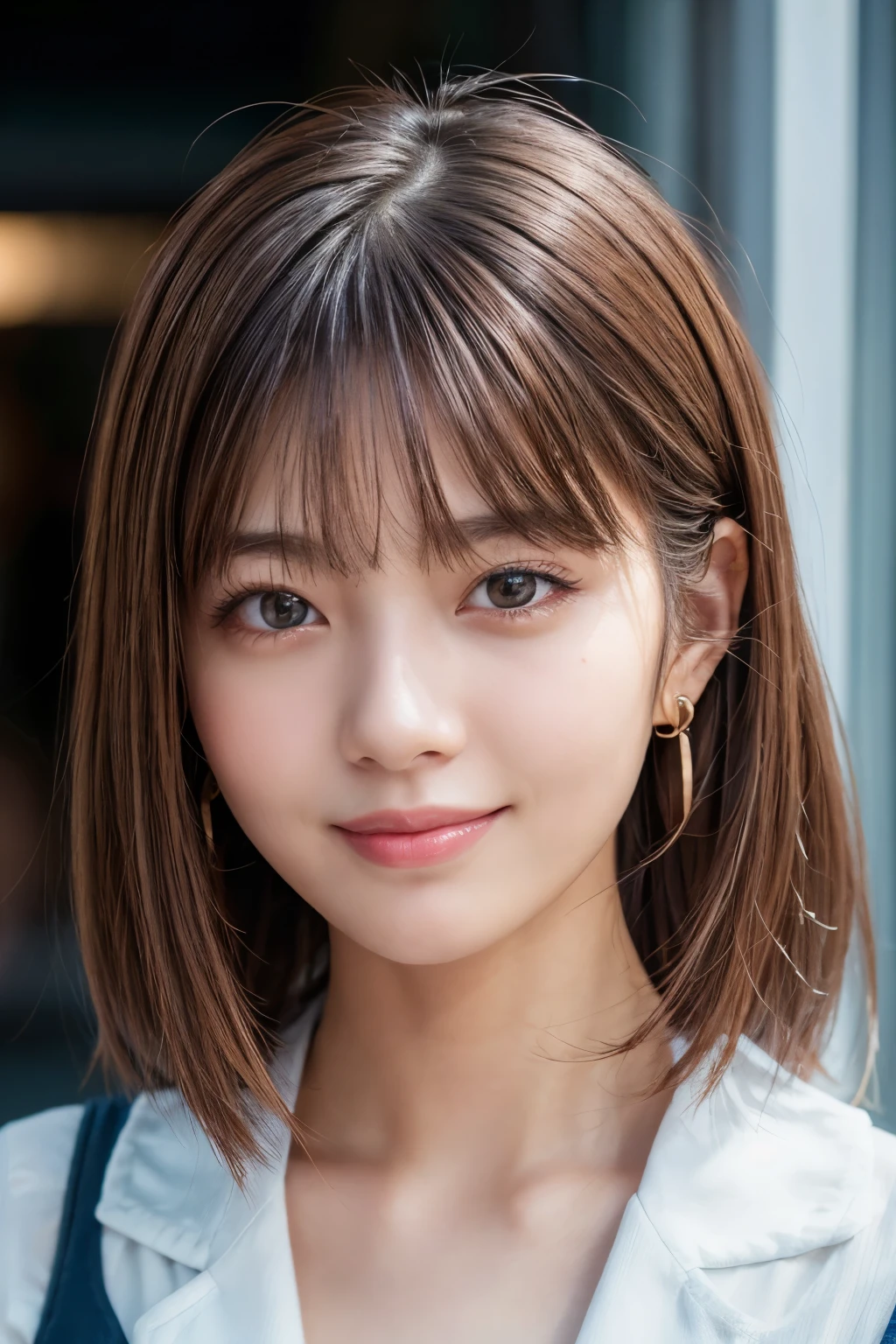 Upper Body、Beauty、Well-formed face、20-year-old、Uniform eyes、Small face、, light brown hair, hair over shoulder, parted bangs, straight hair, expressive hair, shiny hair, earrings, seductive smile, Surrealism, cinematic lighting, first-person view, pov, f/1.2, Nikon, UHD, textured skin, best quality, highres, 8k