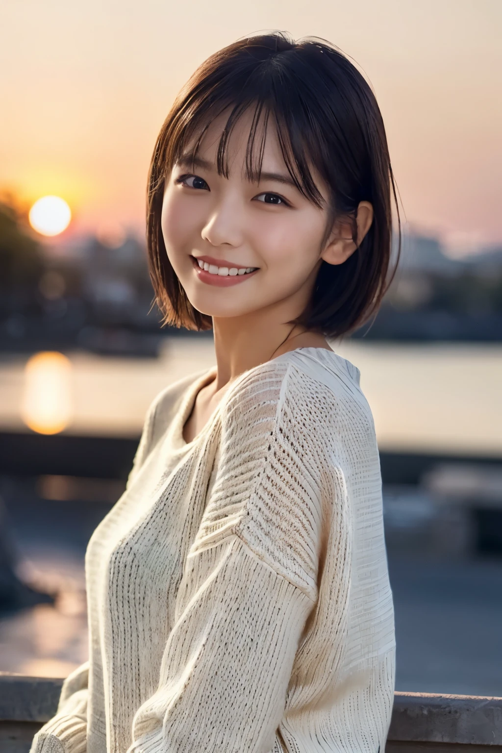 1 Girl, (Wearing a white summer sweater:1.2), Very beautiful Japanese idol portraits, 
(RAW Photos, Highest quality), (Realistic, Realistic:1.4), (masterpiece), 
Very delicate and beautiful, Very detailed, 2k wallpaper, wonderful, finely, Very detailed CG Unity 8K 壁紙, Very detailed, High resolution, Soft Light, 
Beautiful detailed girl, Very detailed目と顔, Beautiful and sophisticated nose, finelyて美しい目, Cinema Lighting, 
(Fashion magazine photography:1.3), (Outdoor), (Sunset sky),
(short hair), 
Complete Anatomy, Slender body, Small breasts, smile