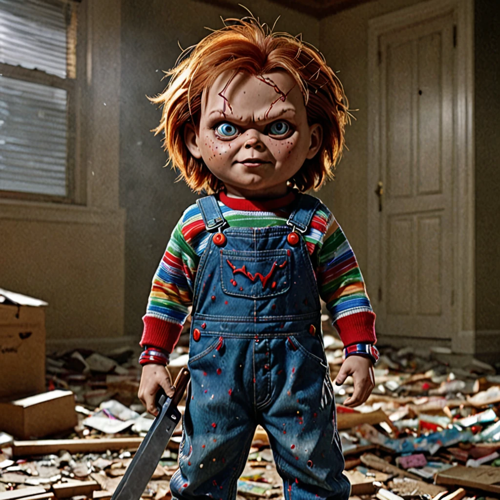 Highest quality，masterpiece，Ultra-high resolution, Very detailed, 8K，Chucky from the movie Child&#39;s Play,Horrific morphology,Hold the knife up