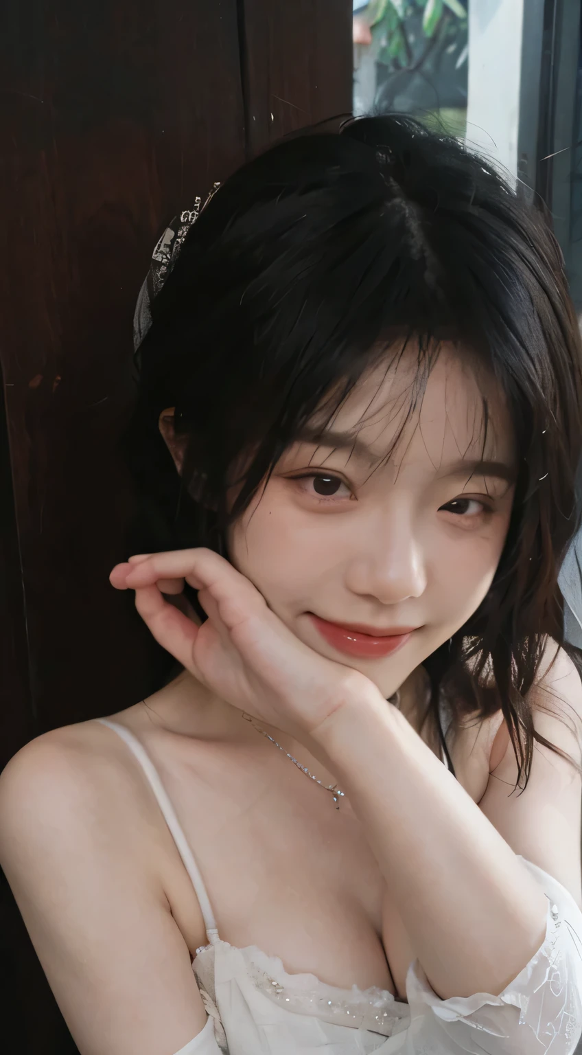 best qualtiy， Ultra-high resolution， （realisticlying：1.4），cute hairpin，Baoyu Girl，Stand in the wedding hall，Wearing a white bandeau wedding dress，（flatchest：1.2） ，A pair of clear and moving peach blossom eyes,Royal Sister，sunshine on face，Big wavy hairstyle，（choker necklace：1.2），（Fair skin：1.4），a sense of atmosphere，a beauty girl， Charming smile，head straight-looking at viewer， closeup cleavage ，(Photorealistic:1.4),1girll,sexly,(Upper body:1.4),(Wet body),(:1.2), curly hair, (facing the front:1.2),long hair、(Close your eyes and ask for a kiss:1.3),From above, ((one length haircut)),, exposed cleavage, look up, raise your chin, open your mouth slightly, waiting for kiss, stick out your tongue slightly, turn your face up, look up the sky, sitting