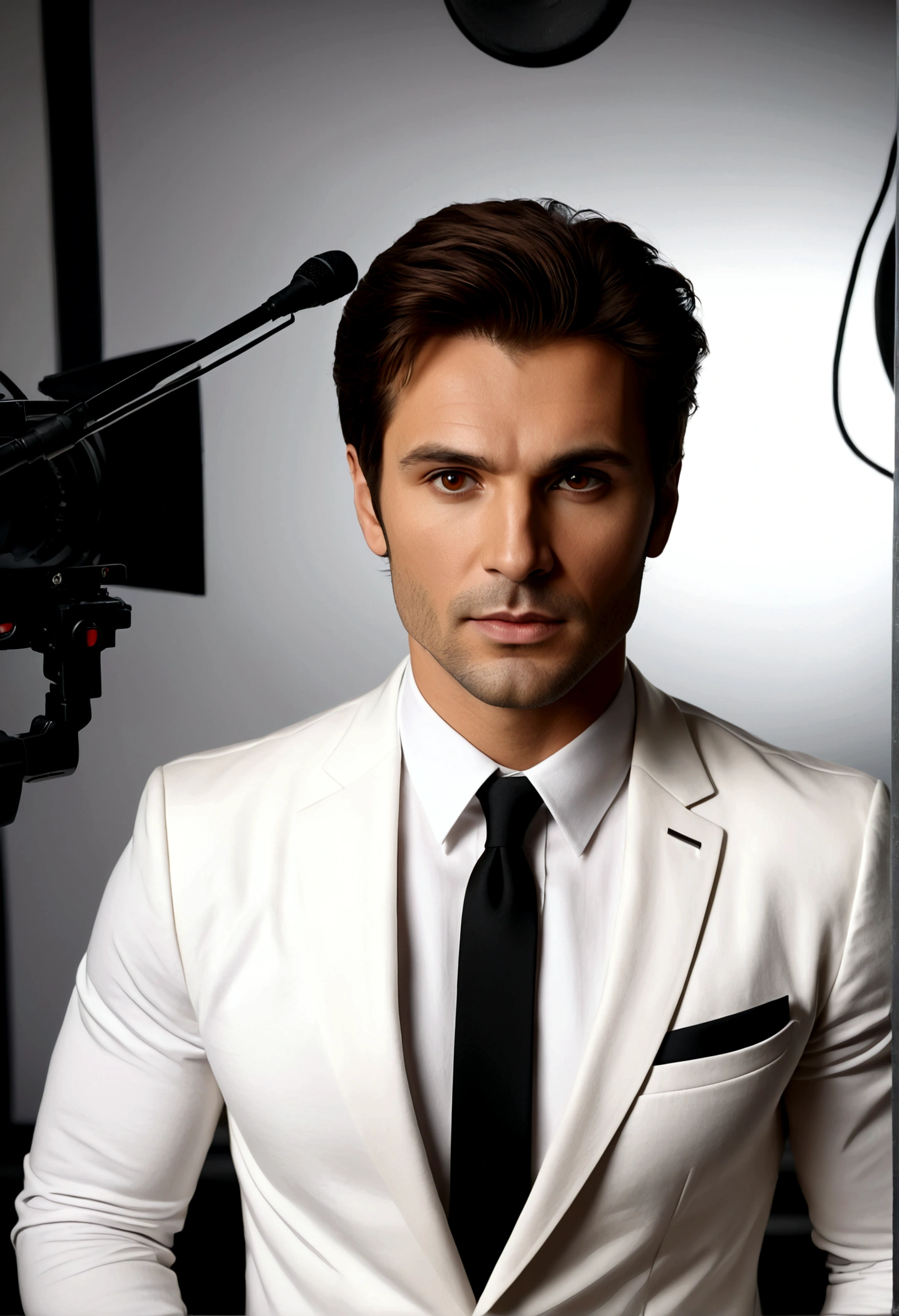 Create an extremely realistic 4K resolution image of a male reporter in a TV recording studio. The reporter must have brown eyes and brown hair, wearing a white t-shirt and a black blazer on top of the t-shirt with an athletic body, aged 30 years. He must be looking directly at the camera. In the background, place a recording studio as if it were a TV
.