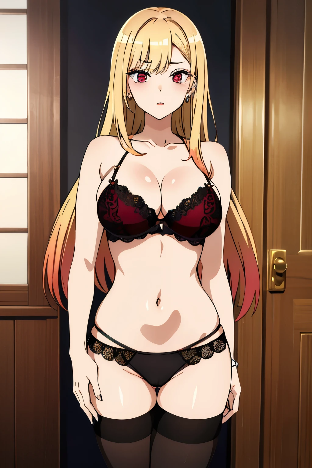 1girl, masterpiece, high quality, huge breasts, kitagawa marin, 1girl, blonde hair, long hair, multicolored hair, red eyes, jewelry, earrings, piercing, black lace bra, black lace panties, only lingerie, no clothes, seductive, naughty face, looking into viewer, standing, shining breasts