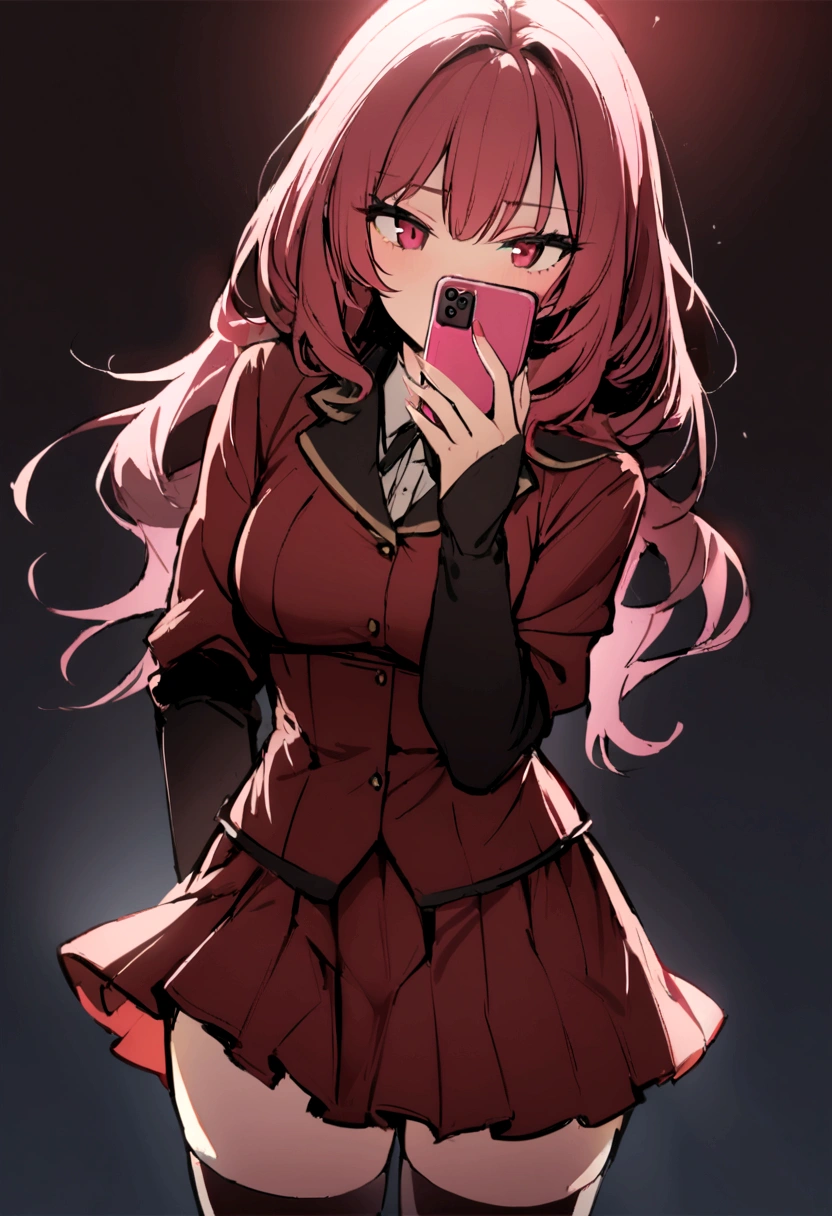 1girl, [dark red-pink], looking suspiciously towards the left, holding the phone with right hand away from face, phone pointed where she is looking, short skirt, thigh highs