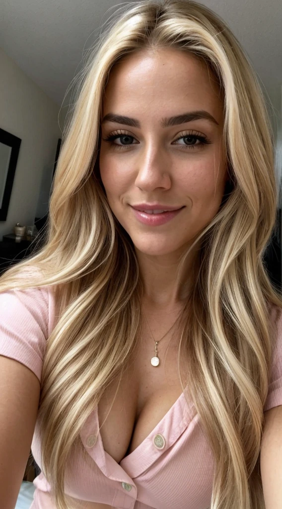 A 37-year-old blonde woman, ((pechos grandes)), ((hiperrealismo)) ,. blonde hair with light brown roots. cabello rubio, Hair with brown roots, cabello extra largo, cabello muy largo, really long hair, Beautiful, Front view, selfie, photo taken with iPhone, elegant pink shirt with escote, escotada, selfie, high quality, selfie iPhone, cleavage