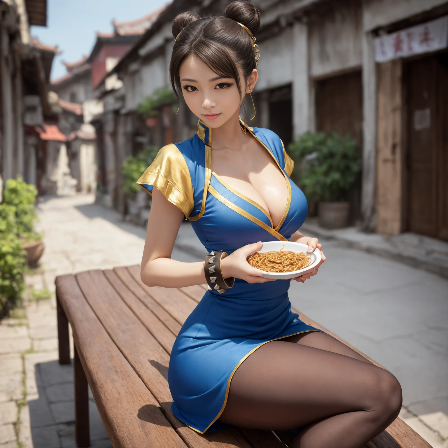 1girl, Chun li a little chubby, cute smiling, huge eyes, (a bit curvy, small breasts, round ass, (short sized torso), medium mouth, very thick lips, almond-shaped eyes, chestnut hair, Gorgeous body, Beautiful large head and very symmetrical face, sitting on a bench, she's holding a bowl, eating noodles, in an old Chinese street, there's an old bicycle against the wall. Very detailed and intricate environment, Very detailed clothing, street fighter, brown eyes, blue dress, ((pelvic curtain), (brown pantyhose), china dress), white cross-laced boots, bracelet, gold trim, jewelry, puffy sleeves, sash, short sleeves, side slit, spiked bracelet, spikes, double bun, hair accessories, Anime realism, cleavage, large nose, tan skin