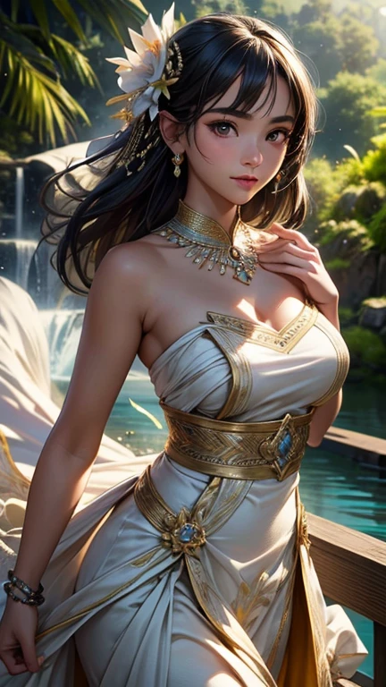 ((realistic: 1.5)),((best quality)), ((masterpiece)),((detailed)), (1girl), {a beautiful woman in a Sari}, full body,super wide angle lens, focus facial, young girl, sexy, toned muscles, long legs, female curves, barefoot, large firm breasts, open neckline, beautiful breasts with pink peeps, thick thighs, wide hips, slender legs, green eyes, long black hair, hair floating, long eyelashes, (detailed face, beautiful eye, detailed pupils, detailed clothing features, light background: 1.3), (Bindi, Jhumkas: 1.3), (Armlet, Haar, Payal, Maang Tikka, Jhumkas, Kamarband, Bangles :1.3), mysterious ancient ruin, lush forests, deep canyons, bridge, river, cliff, cloud, lakes, rock, waterfalls, flowers, grass, fog, vine, tree, smoke, best shadow, bright details, sharp, perfect composition , intricate, sharp focus, dramatic, by Frank Frazetta, by Julie Bell, by Olivia De Berardinis, by Luis Royo,by Boris Vallejo, (specular lighting:1.3),edge lighting, princess playing with water, riverbank, clothing scanty royal interior, random royal color, lying on the floor, thirsty face, erotic face, parted lips, almost naked, slipped down underwear, fog, floating antique clock, lamp and lantern, night light, visible public fair, visible breasts , small and firm breasts, beautiful small breasts with pink breasts, transparent clothes wet with water, mandala and flower tattoos, slight smile, sensual gaze, provocative gaze, waterfall, garden with pond,