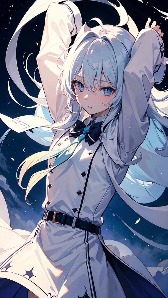 １The White Magician,Look up to the sky,Laugh wickedly,Pleasure,lament,Elevation,villain,Low - Angle,Disaster at your fingertips々A dark sphere,The front of your body faces the viewer,Stretch your arms out to the sky